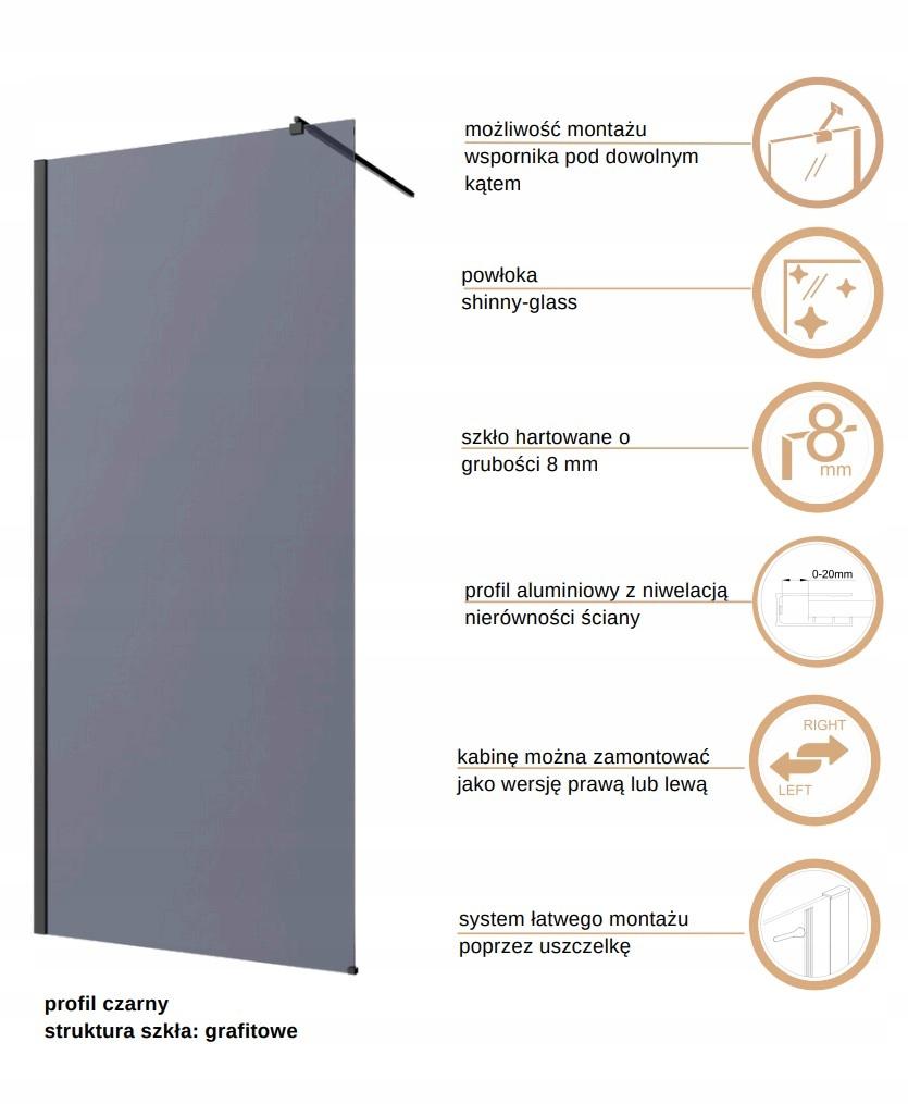 INVENA KABINA WALK-IN II TREND 120X200CM GRAFIT 8MM SHINY-GLASS CZARNY