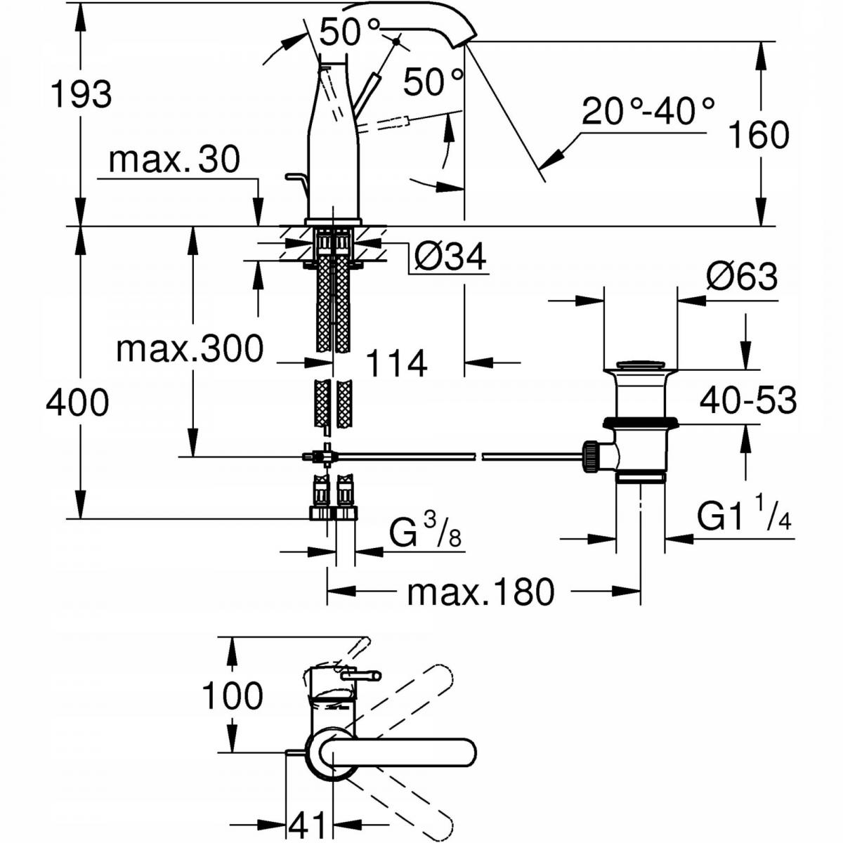 Bateria umywalkowa stojąca GROHE Essence 1otw mosiężna chrom z obrotową wyl