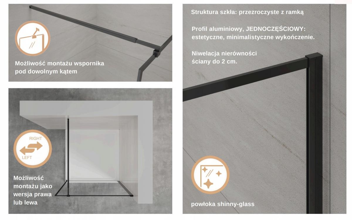 INVENA KABINA WALK-IN II 100X200CM RAMKA 8MM SHINY-GLASS CZARNY