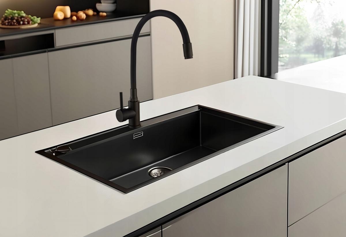 INVENA BATERIA ZLEWOZMYWAKOWA SILVA Z RUCHOMĄ WYLEWKĄ, CZARNA