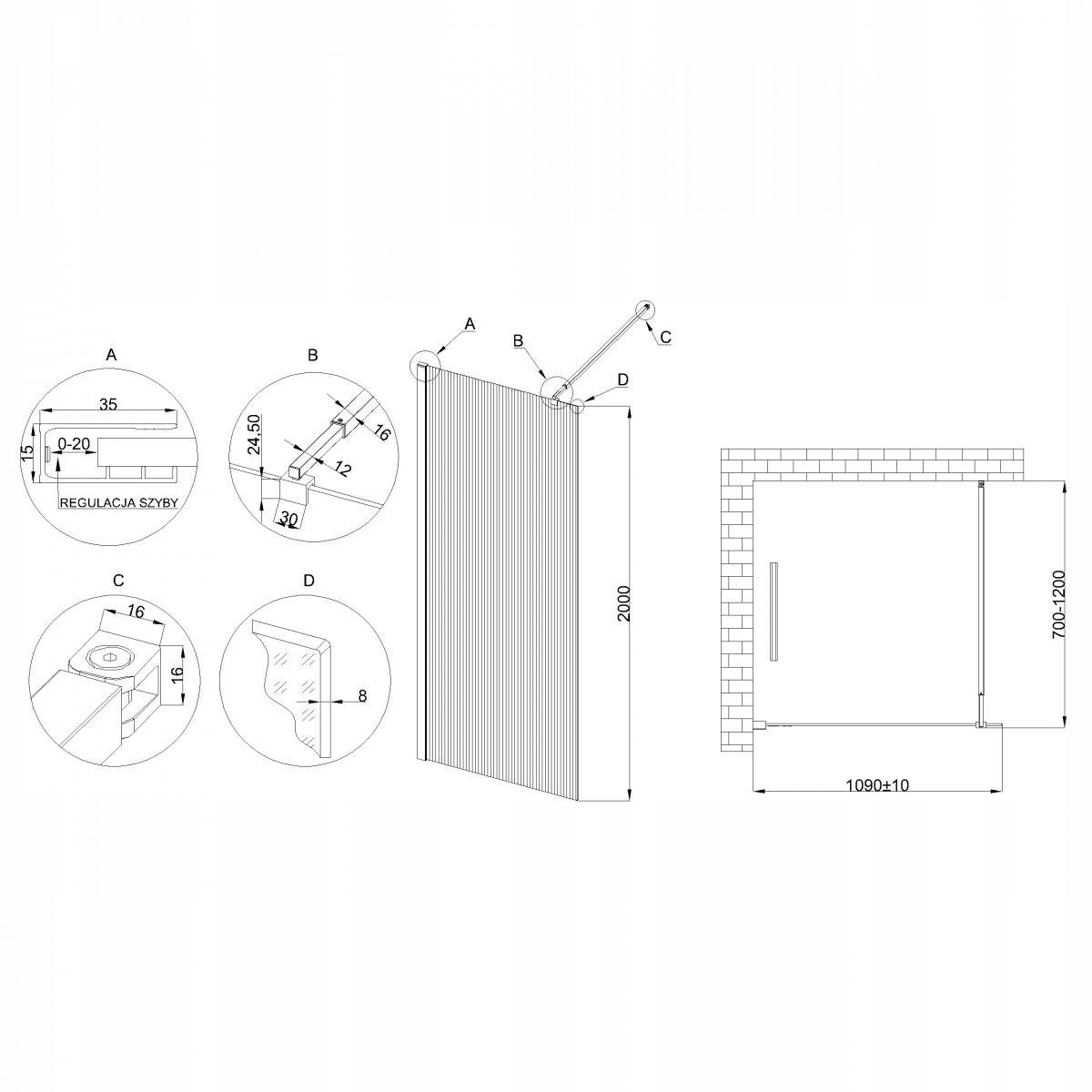 INVENA KABINA WALK-IN II 110X200CM RYFLOWANA 8MM SHINY-GLASS CHROM