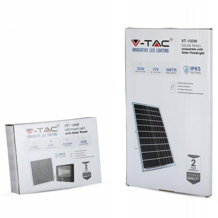 Projektor LED Solarny V-TAC 35W Czarny IP65, Pilot, Timer VT-100W 4000K 245
