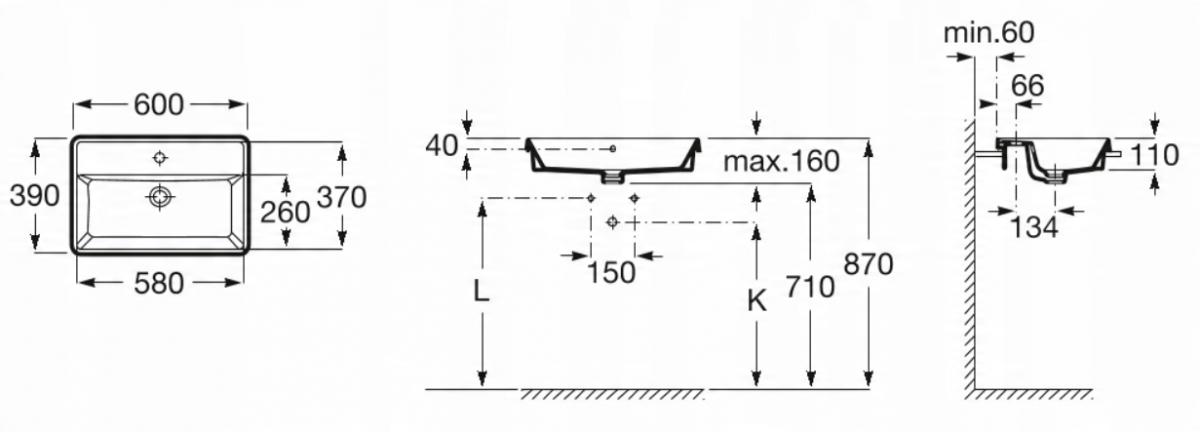 Umywalka blatowa GAP 60x39cm Prostokątna, z/otw., z/przel. Biały ROCA