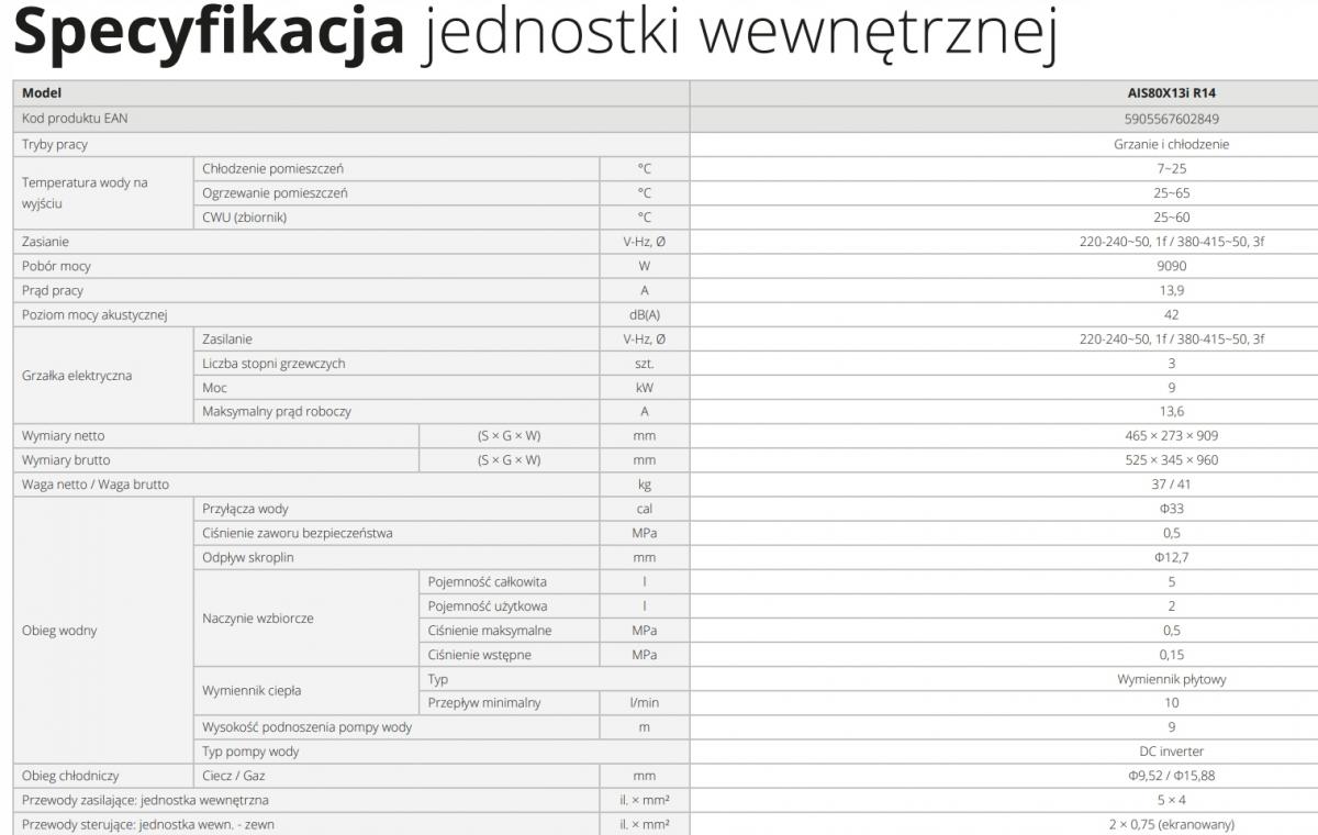 Pompa ciepła powietrzna AIRMI SPLIT AIS80X13i R14 jednostka wewnętrzna