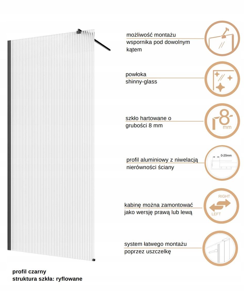 INVENA KABINA WALK-IN II TREND 120X200CM RYFLOWANA 8MM SHINY-GL.CZARNY