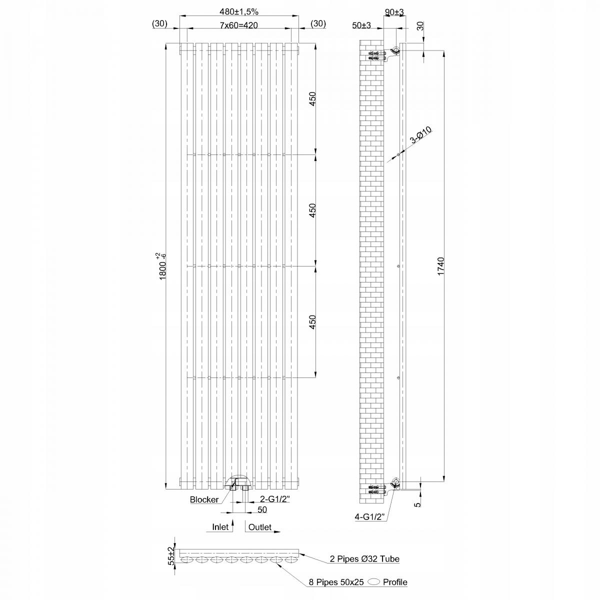 Grzejnik pionowy dekoracyjny INVENA MONO 1800X480 MOC: 890W BIAŁY