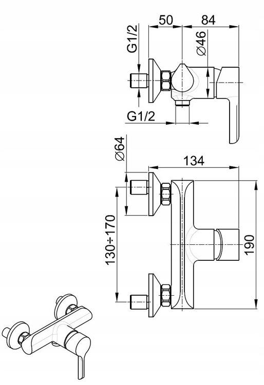 Bateria natryskowa ścienna ARMATURA KRAKÓW ANGELIT 2-otw mosiężna chrom