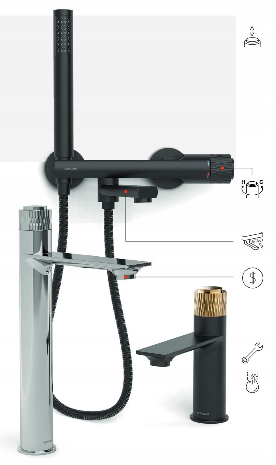 VALVEX DECOR BLACK Bateria wannowa ścienna z akcesoriami