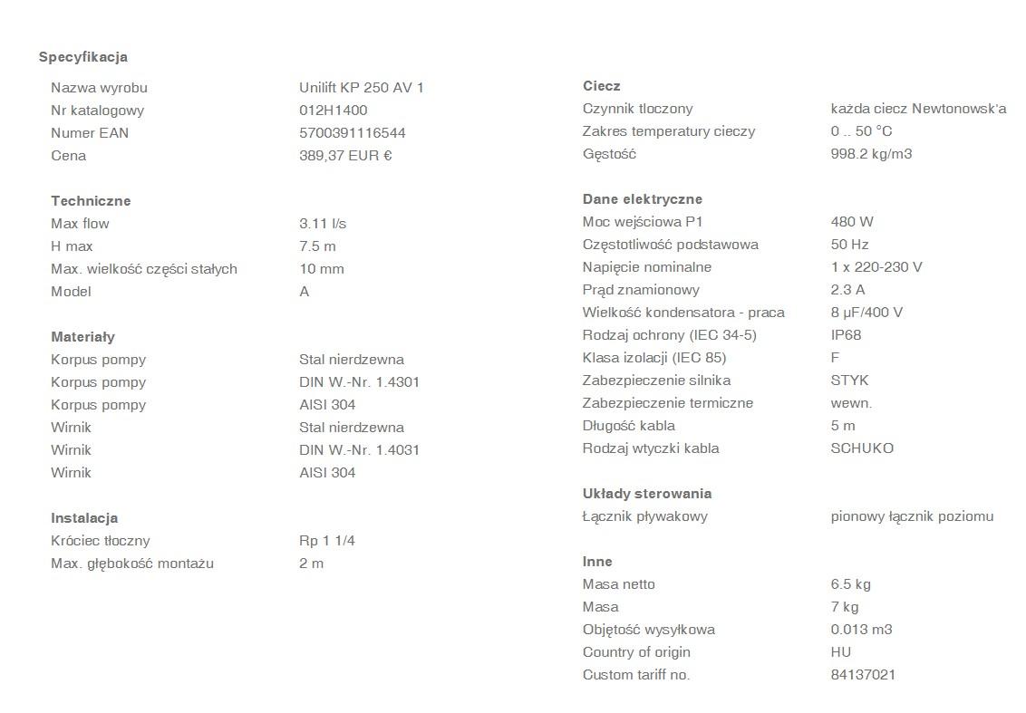 GRUNDFOS Pompa jednostopniowa Zatapialna KP-250 AV1 Pływak Pionowy UNILIFT
