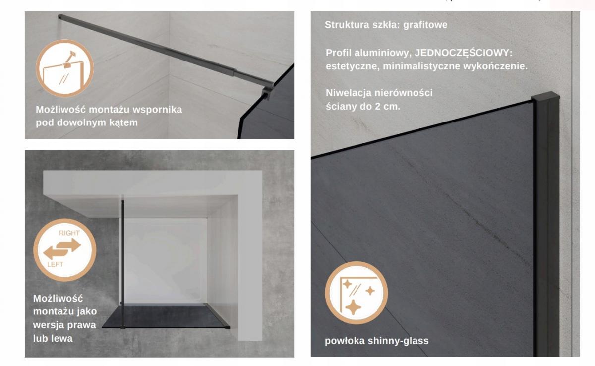 INVENA KABINA WALK-IN II TREND 90X200CM GRAFIT 8MM SHINY-GLASS CZARNY