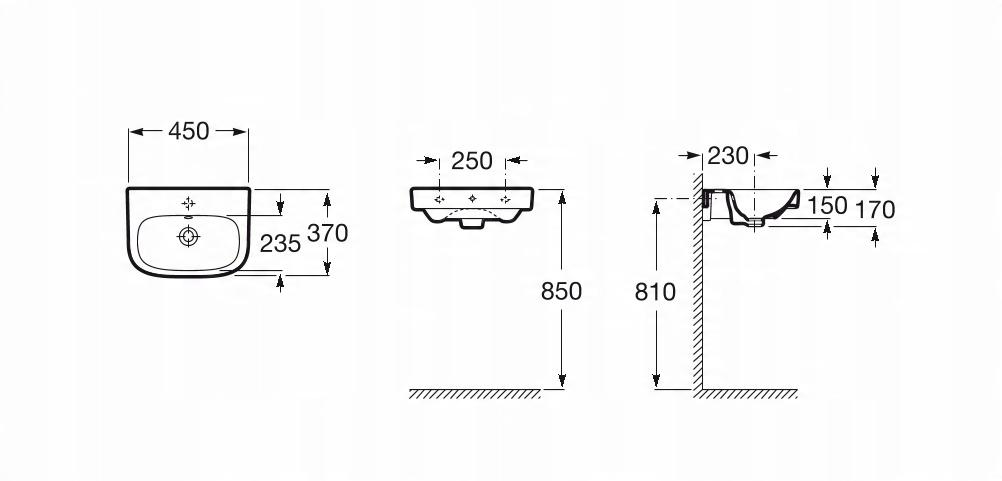 Umywalka ścienna 45x37 cm DEBBAz otw. na baterię.