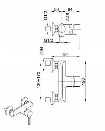 Bateria natryskowa ścienna ARMATURA KRAKÓW ANGELIT 2-otw mosiężna chrom