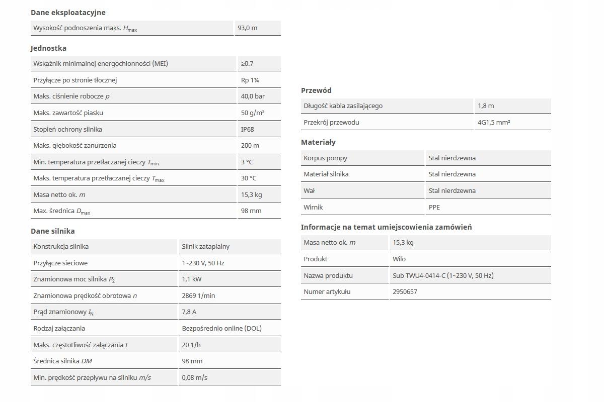 Pompa głębinowa Wilo-Sub TWU 4-0414-C EM do 93m 1x230V 48h