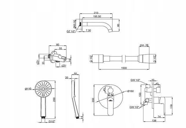 INVENA ZESTAW WANNOWY PODTYN Z BATERIĄ PODTYNKOWĄ 2-FUNKCYJNĄ SIROS