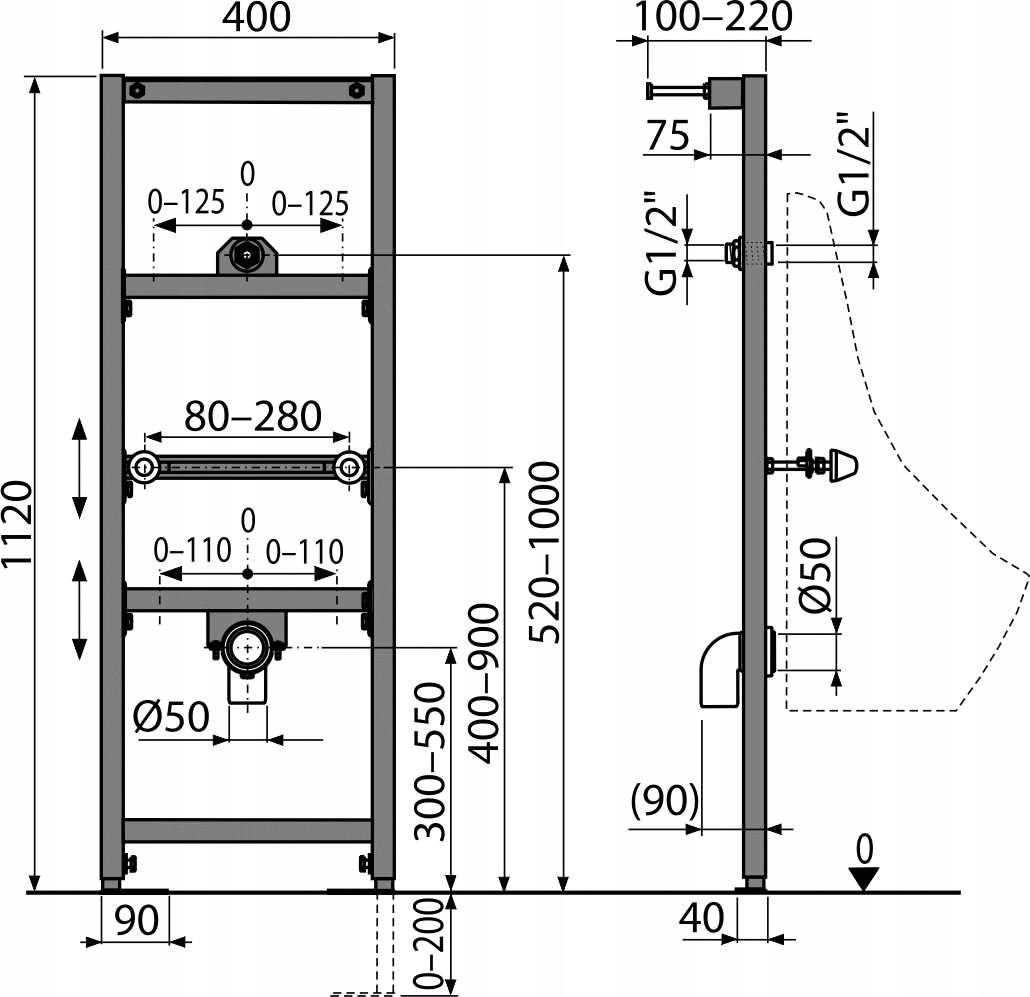 Stelaż podtynkowy do pisuaru + mocowanie ALCADRAIN 510 x 200 x 1120 mm