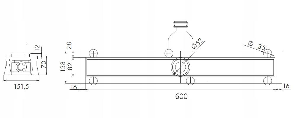Odpływ liniowy Base-Low Standard Plus 60x8 prostokąt z mask do zab płytkami