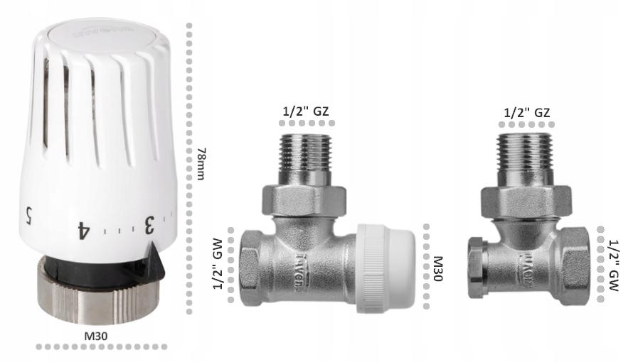 INVENA KPL TERMOSTATYCZNY KĄTOWY Z NAST.WSTĘPNĄ GŁOWICA MINI 2 PROV