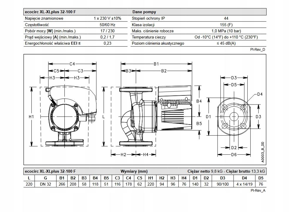 Pompa obiegowa LOWARA ECOCIRC XL 32-100F 220mm 230V DN32 48h