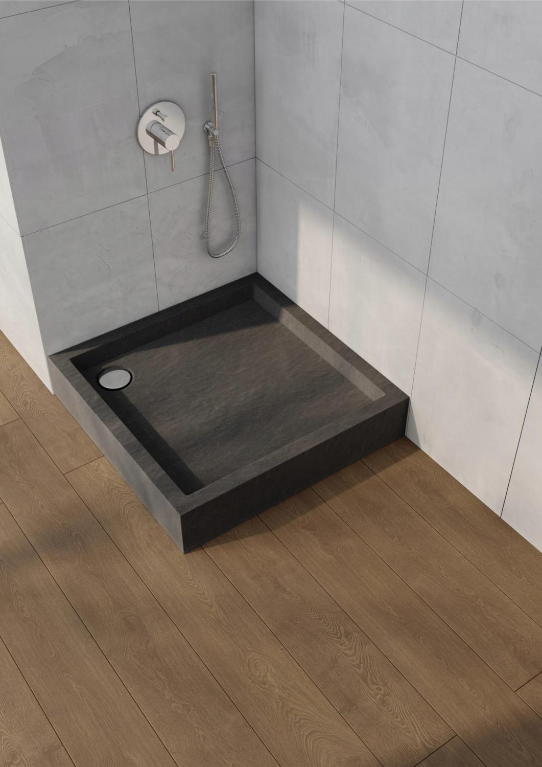 Brodzik akryl Medium z podbudową Stabilsound i panelem Black Stone 80x80