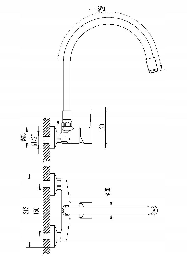 INVENA BATERIA ŚCIENNA VERSO ZŁOTA Z ELASTYCZNĄ CZARNĄ WYLEWKĄ