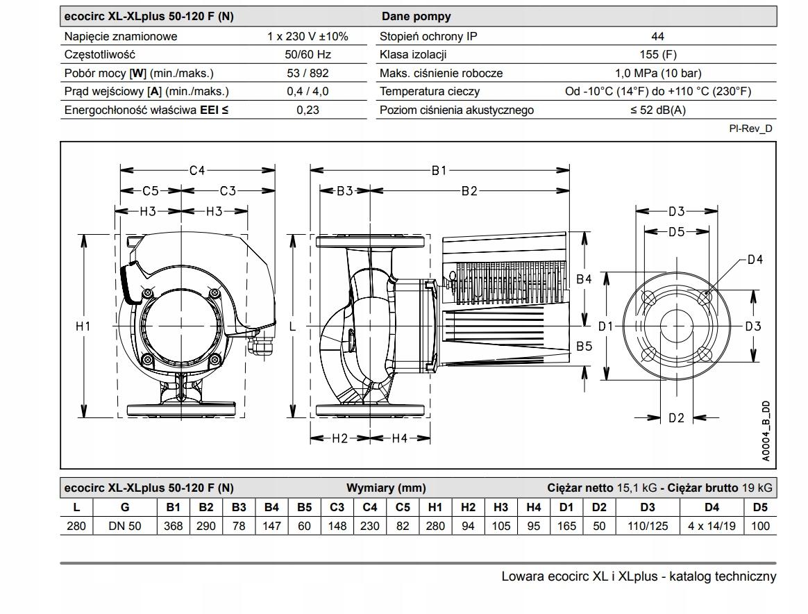 Pompa cyrkulacyjna z kołnierzem LOWARA ECOCIRC XL 50-120F 280mm 230V 48h