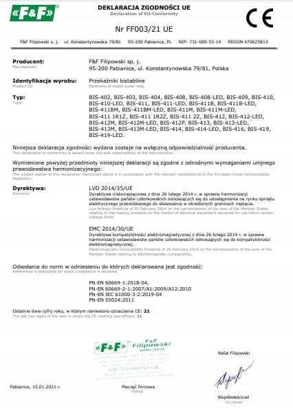 Przekaźnik bistabilny BIS-411B z przyciskiem do sterowania ręcznego, montaż