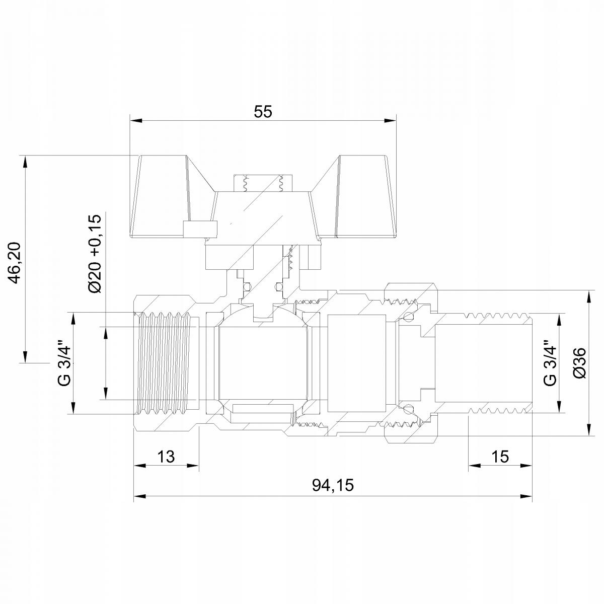 INVENA ZAWÓR KULOWY WODNY ZE ŚRUB. Z MOTYL. TYP CIĘŻKI GLADIATOR PROV 3/4