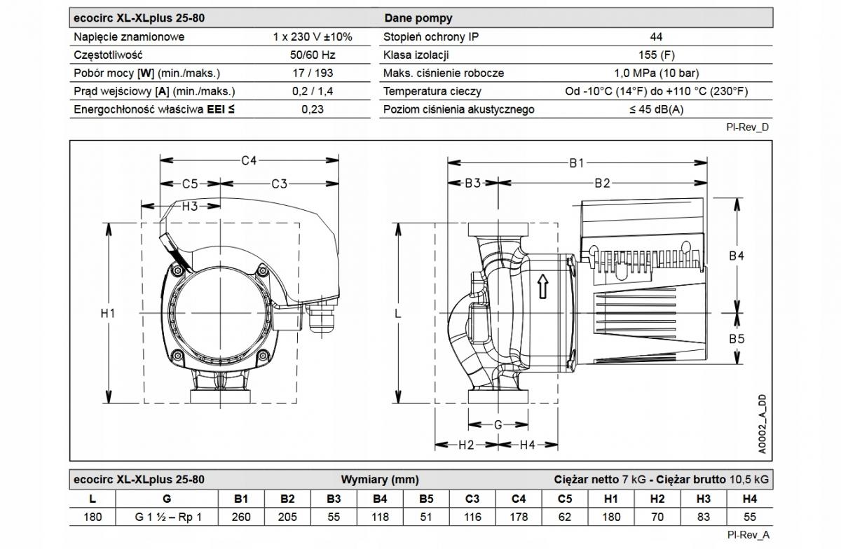 Pompa obiegowa LOWARA ECOCIRC XL 25-80/180mm 230V gwint 1 1/2 48h