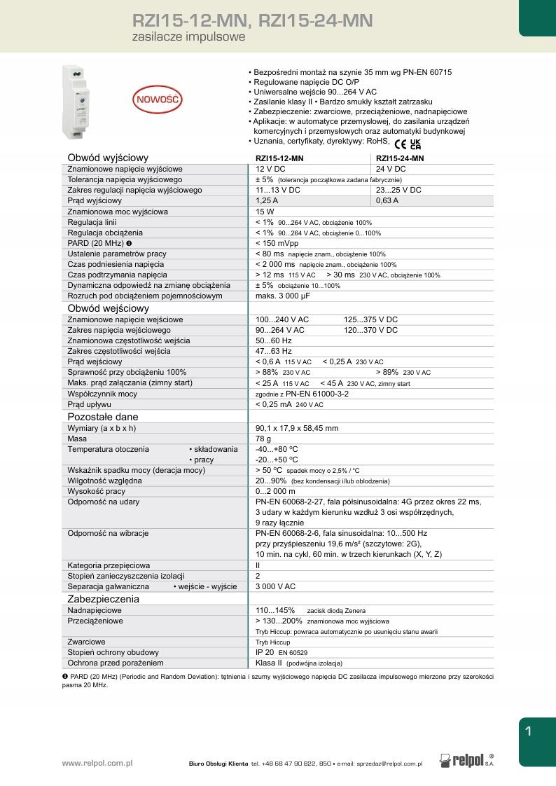 RELPOL Zasilacz impulsowy 15 W, 24 V DC RZI15-24-MN