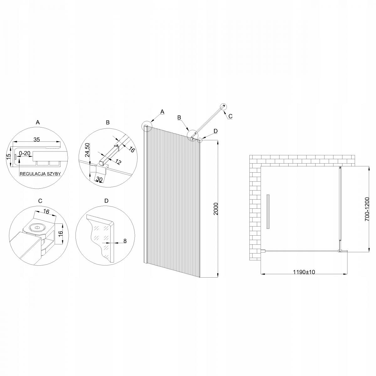 INVENA KABINA WALK-IN II TREND 120X200CM RYFLOWANA 8MM SHINY-GL.CZARNY