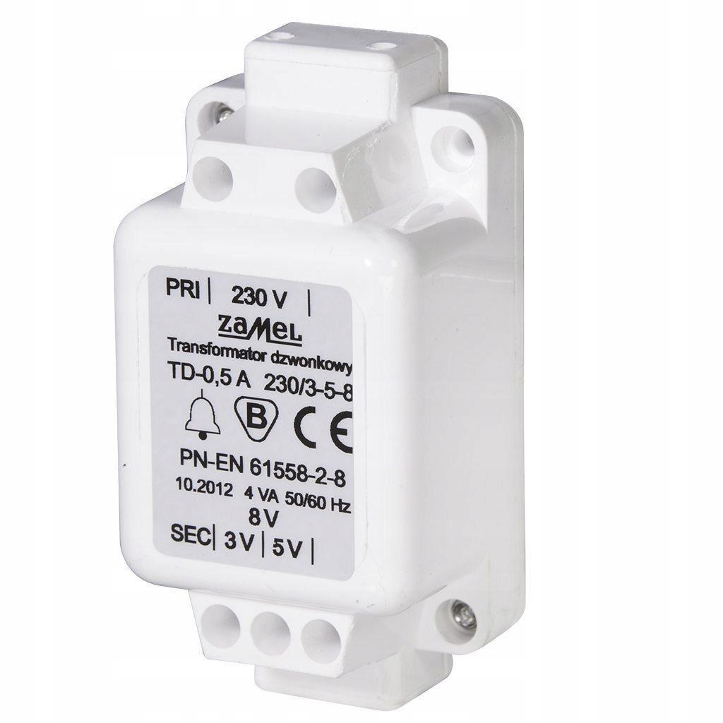 ZAMEL Transformator dzwonkowy natynkowy, TD-230V/3-5-8V, biały