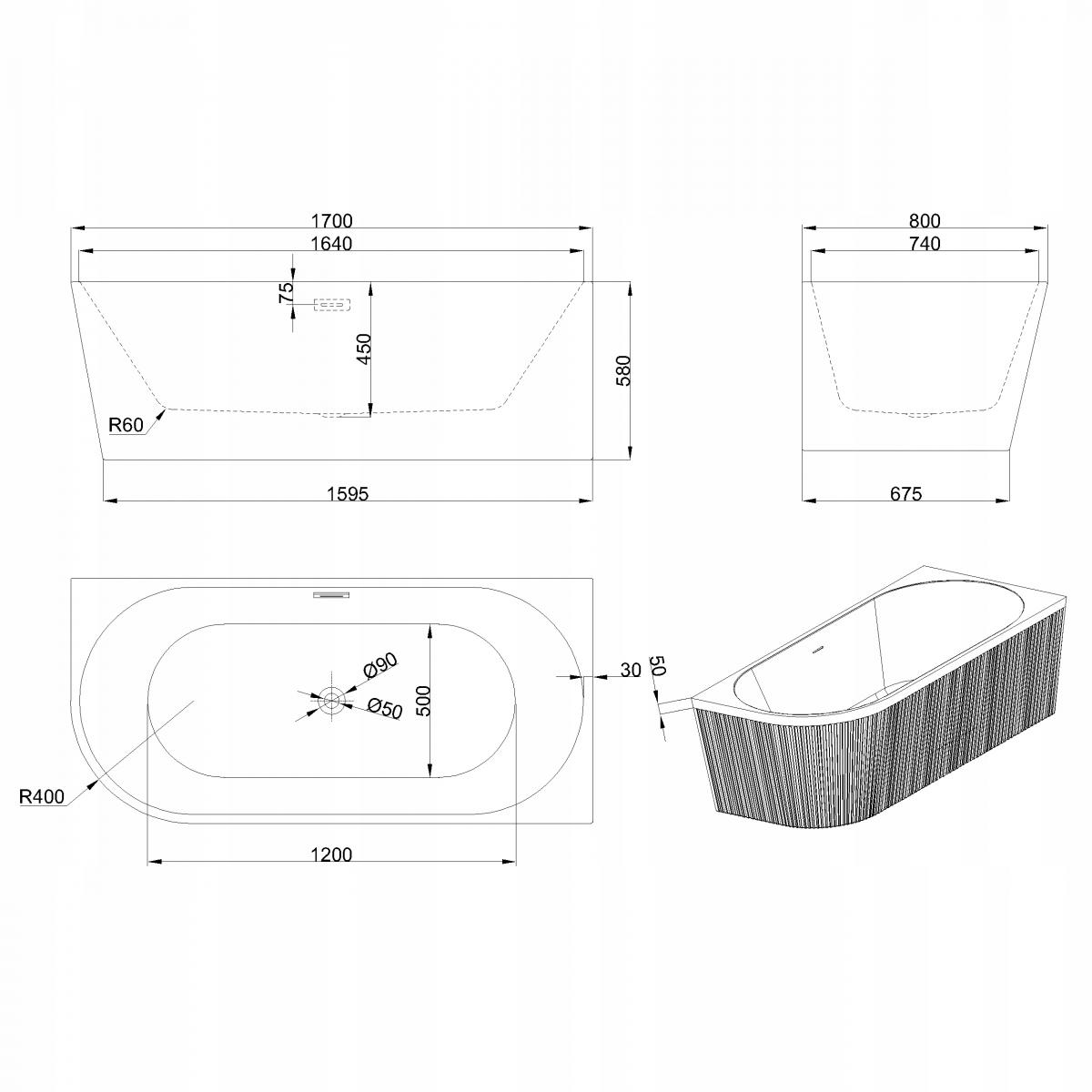 INVENA WANNA WOLNOST.PRZYŚC.RYFLOWANA 170 GLAMOUR TREND PRAWA SYF.CZAR
