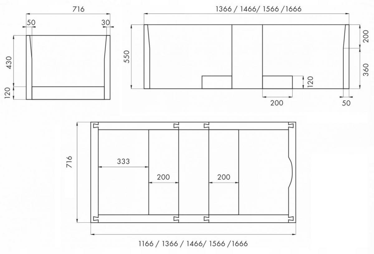 Nośnik uniwersalny do wannien prostokątnych akryl / stal 120-170x70x61m 1.0