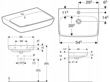 Umywalka Selnova Square B60 cm, H18 cm, T46 cm, z przelewem, z otworem na b