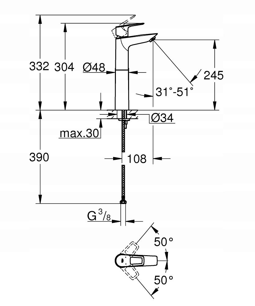 Bateria umywalkowa stojąca GROHE BauLoop 1-uchwyt. 1-otworowa DN 15 chrom