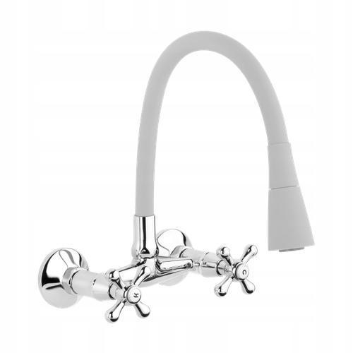 Bateria umywalkowo - zlewozmywakowa INVENA ścienna ROMA z białą elastyczną wylewką 48h