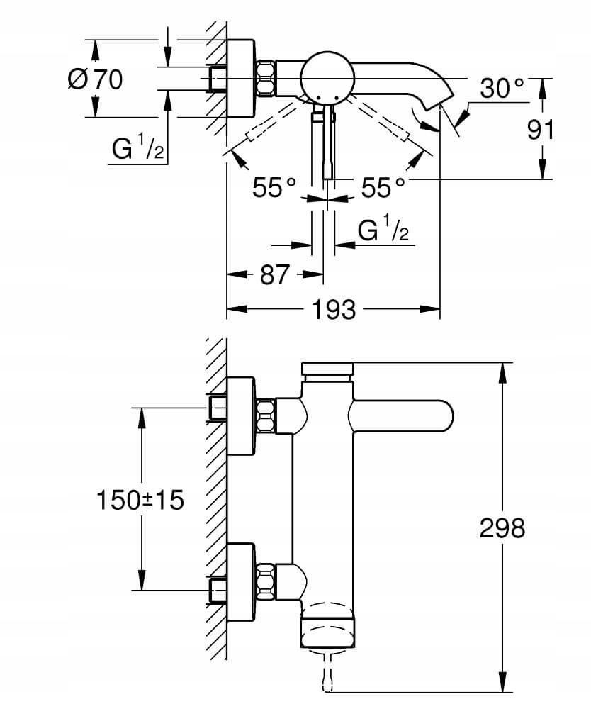 Bateria wannowa ścienna GROHE Eurosmart 1-uchwytowa 2-otworowa chrom