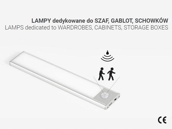 Oprawa meblowa LED do szaf, 400mm, 4000K, light sensor + pir, ładowanie 750
