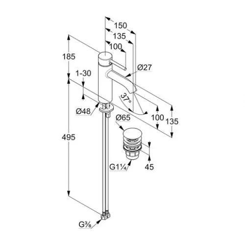 Bateria umywalkowa stojąca KLUDI BOZZ 100 1-uchwytowa 1-otworowa chrom