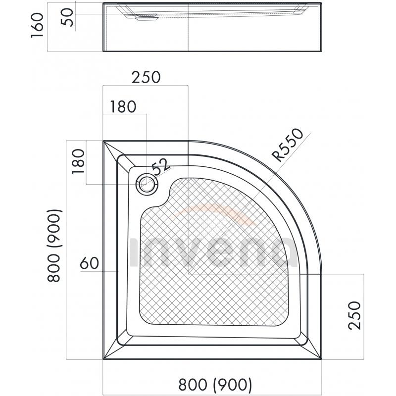 INVENA BRODZIK PÓŁOKRĄGŁY 90X90 16 CM BEZ SYFONU POLSKI