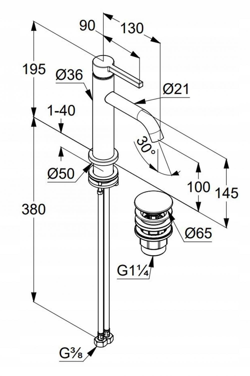 Bateria umywalkowa KLUDI NOVA FONTE Pura 1-uchwyt 1-otw chrom z zest odpływ