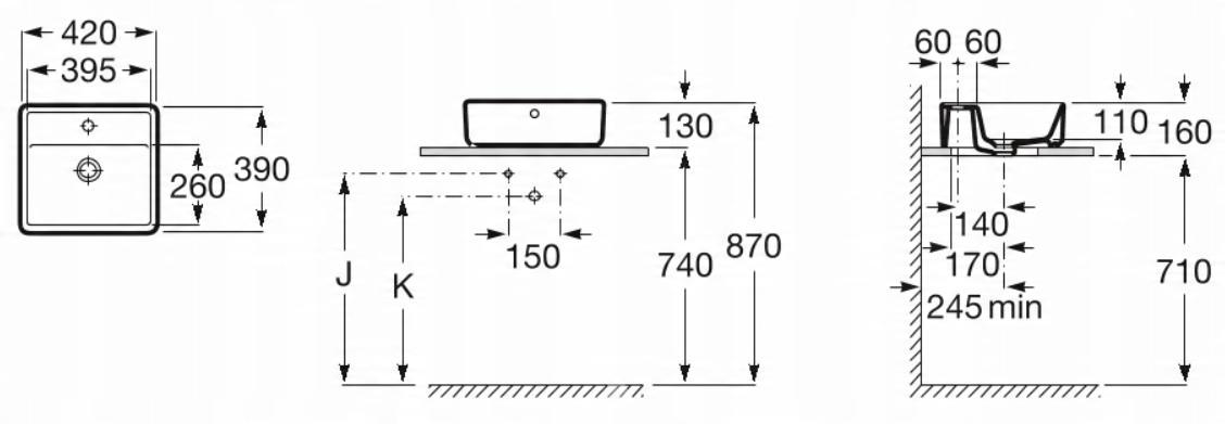 Umywalka nablatowa ALTER SQUARE 42x39cm, z/otw., z/przel. Biały ROCA