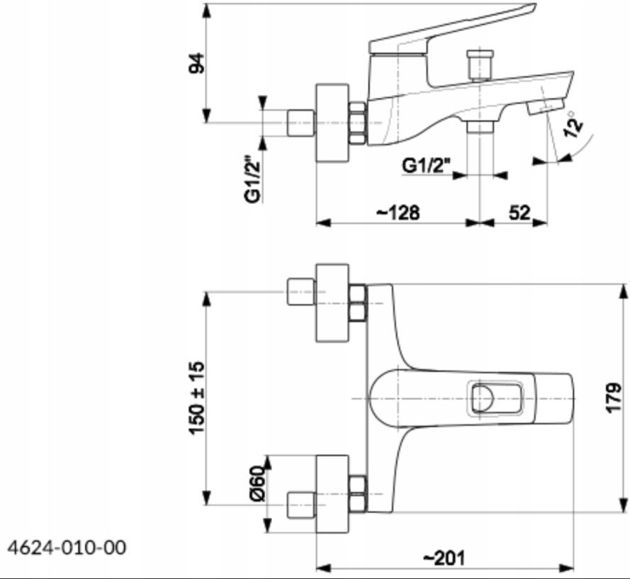 Bateria wannowa ścienna ARMATURA KRAKÓW ANGELIT 1-uchw 2-otw mosiężna chrom