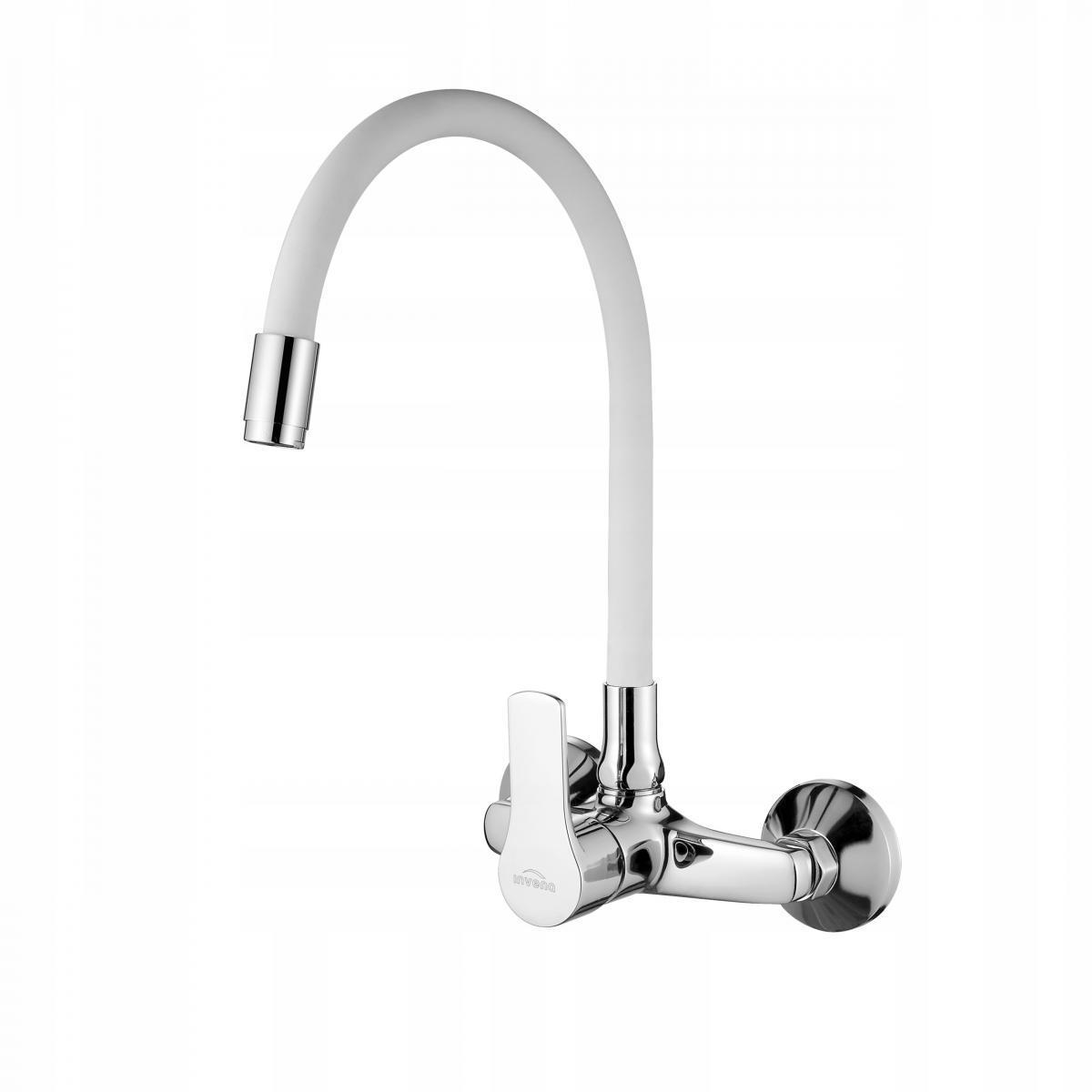 Bateria zlewozmywakowa INVENA ścienna VERSO z białą elastyczną wylewką 48h