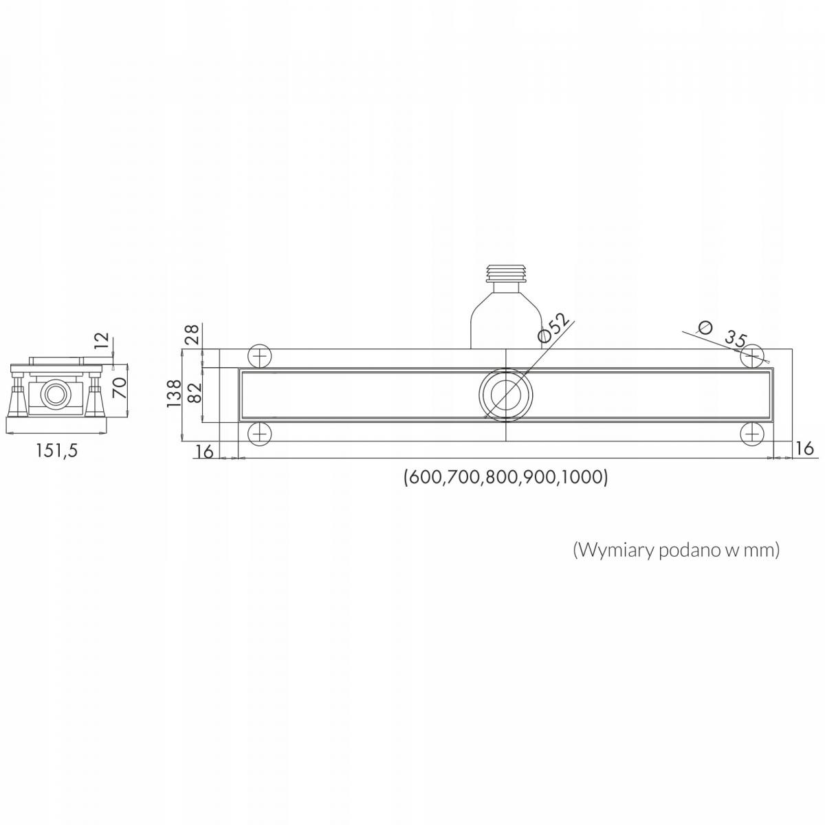 Odpływ liniowy Base-Low Standard Plus 60x8 prostokąt z mask do zab płytkami
