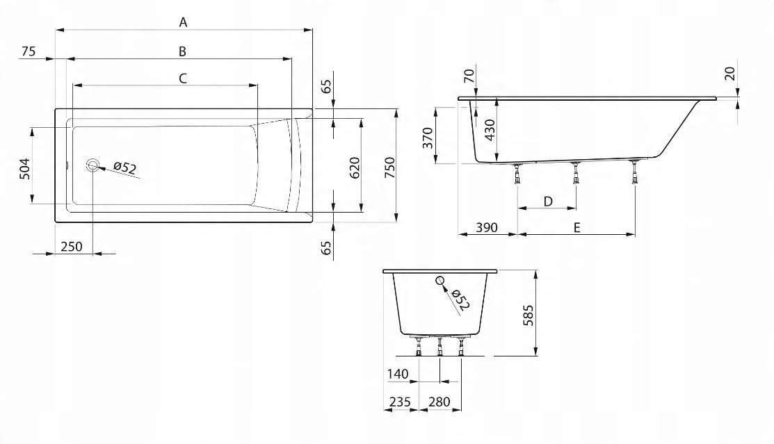 Wanna prostokątna SAVAI 160x75cm + Nogi Biały ROCA