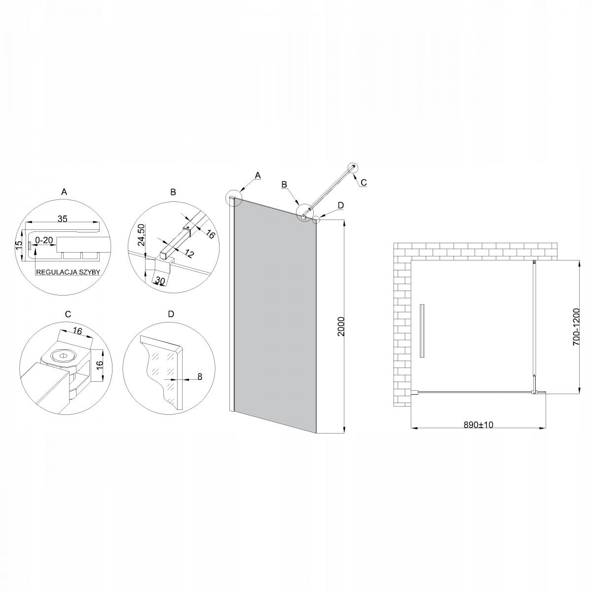 INVENA KABINA WALK-IN II TREND 90X200CM GRAFIT 8MM SHINY-GLASS CZARNY