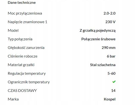 Grzałka elektryczna typ 50 2 kW 230 V 1 1/2 z termostatem KOSPEL GRW-2,0 Kw