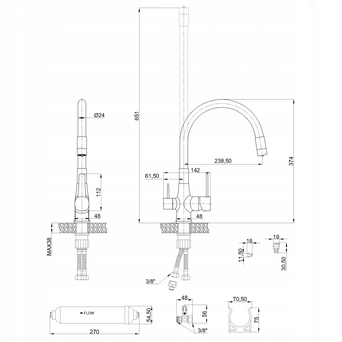 INVENA BATERIA ZLEWOZMYWAKOWA Z FILTREM GLAMOUR TREND, MIEDŹ / CZARNA