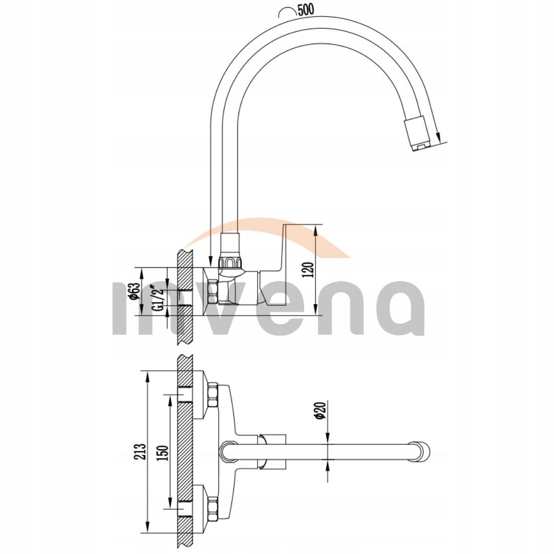 Bateria zlewozmywakowa INVENA ścienna VERSO z białą elastyczną wylewką 48h